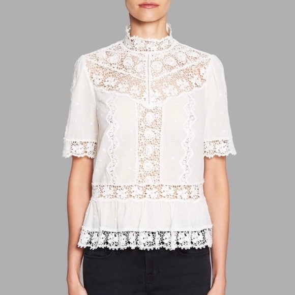 Rebecca Taylor 100% cotton BEAUTIFUL Victorian mock neck eyelet lace blouse NWT - Picture 3 of 14